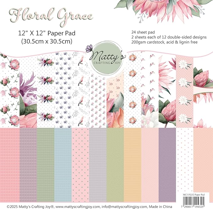 Matty's Crafting Joy Floral Grace 12x12 Double Sided Scrapbook Cardstock Paper Pad, 24 Floral Designer Patterned Paper Pack