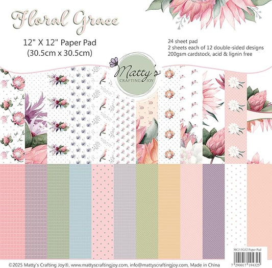 Matty's Crafting Joy Floral Grace 12x12 Double Sided Scrapbook Cardstock Paper Pad, 24 Floral Designer Patterned Paper Pack