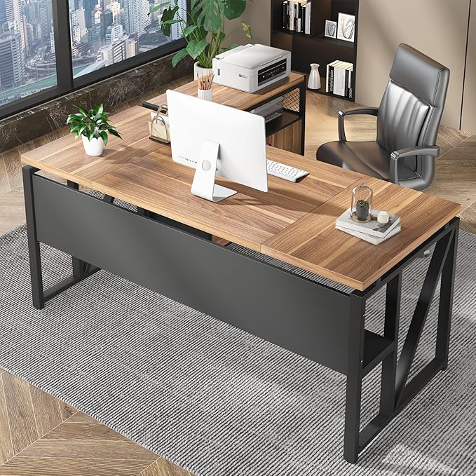Tribesigns 63 inches Computer Desk with Bottom Storage Shelf Home Office Desk Writing Table for Workstation, Dark Walnut + Steel Leg, Cabinet not Included (Walnul, 63-inch-with Shelf)