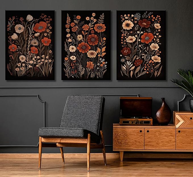 Wavkkey 3 Pcs Dark Floral Canvas Wall Art Vintage Moody Flowers Botanical Posters Painting Picture Wall Decor Print Artwork for Living Room Bedroom Women Room Home Decoration