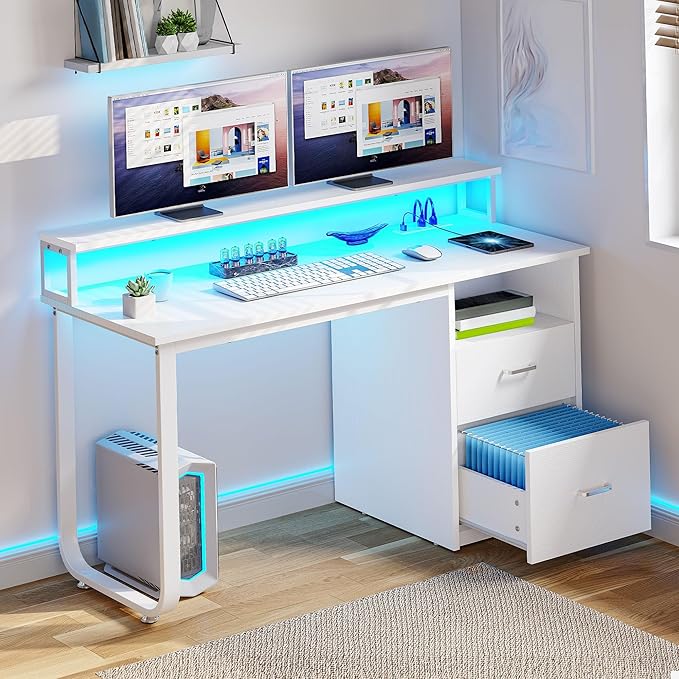 YITAHOME Computer Desk with Drawers, 47.2" Office Desk with Power Outlets & LED Light, Home Office Desk with Storage Shelves, White