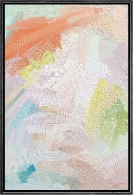 MUDECOR Framed Canvas Print Wall Art Pastel Orange, White & Green Color Field Abstract Shapes Watercolor Modern Art Contemporary Multicolor Ultra for Living Room, Bedroom, Office - 24"x36" Black