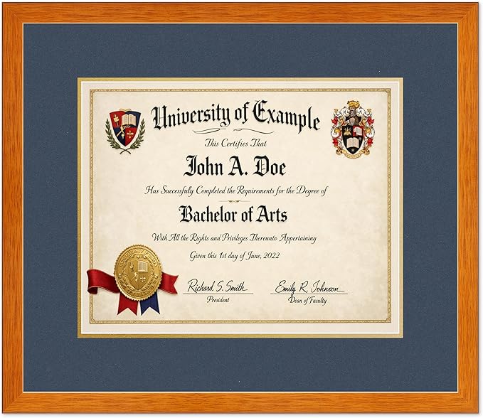 CountryArtHouse Diploma Frame Fits 15 x 12 Military/Government - Keepsake Graduation Display Honey Oak Genuine Hardwood with Navy Blue Over Metallic Gold Double mat