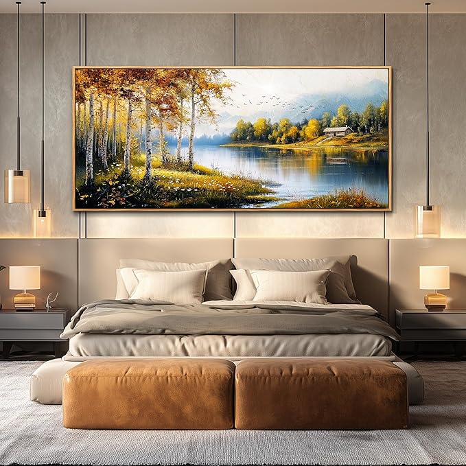 ERQINHUA Large Canvas Forest Landscape Painting Wood Framed Wall Art Living Room Wall Decor For Bedroom Lakeside Watercolour Wall Pictures Artwork Picture Office Restaurant Home Decoration 32x72 In