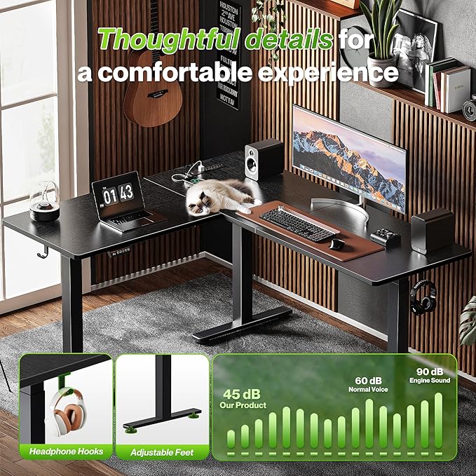 Huuger L Shaped Standing Desk with Power Outlets, 63 x 55 Inch Height Adjustable Computer Desk for Bedroom, Corner Stand up Desk for Home and Office, Work and Study, Black