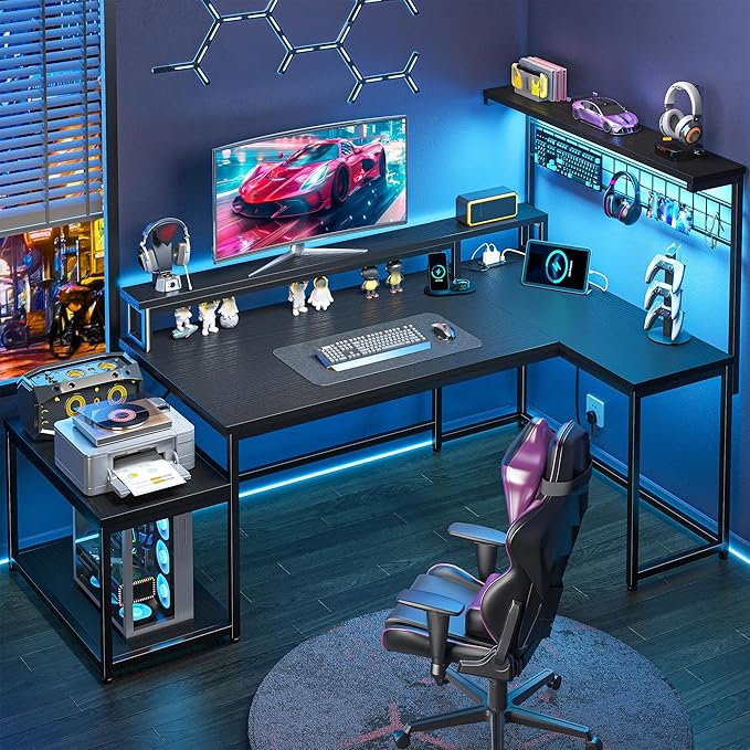 63.5" L Shaped Gaming Desk with LED Lights & Power Outlets, Computer Desk with Shelves & Hooks & Monitor Stand and Printer Space for Home Office, Corner Desk of Study Room, Bedroom, Black