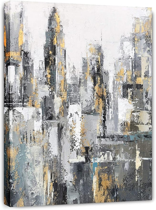 Yihui Arts Modern Abstract Chicago City Canvas Wall Art Pictures with Gold Foil for Dining Decoration