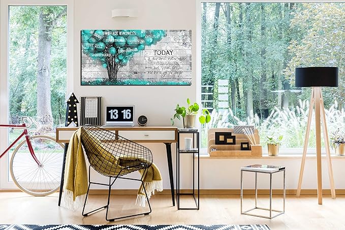 Teal Wall-Decor For Office - Inspirational Quotes Tree Wall Art - Large Canvas Wall Art Teal Decor For Living Room Ready To Hang Size 20" x 40"