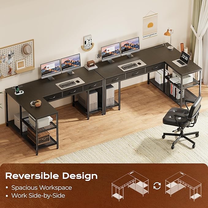 PRAISUN 55 Inch L Shaped Office Desk with Power Outlets and Type-C Port, Large Computer Gaming Desk with 3 Fabric Drawers, Mesh Shelves, Corner Study Work Writing Desk, Black