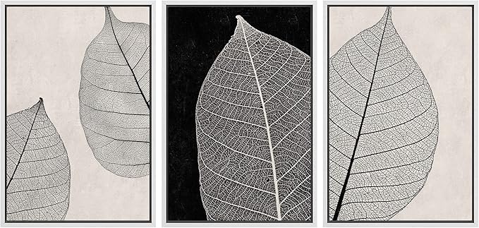 IDEA4WALL Framed Canvas Print Wall Art Set Tan Black Forest Plant Leaf Close Up Details Abstract Shapes Illustrations Modern Art Decorative Nordic for Living Room, Bedroom, Office - 16"x24"x3 White