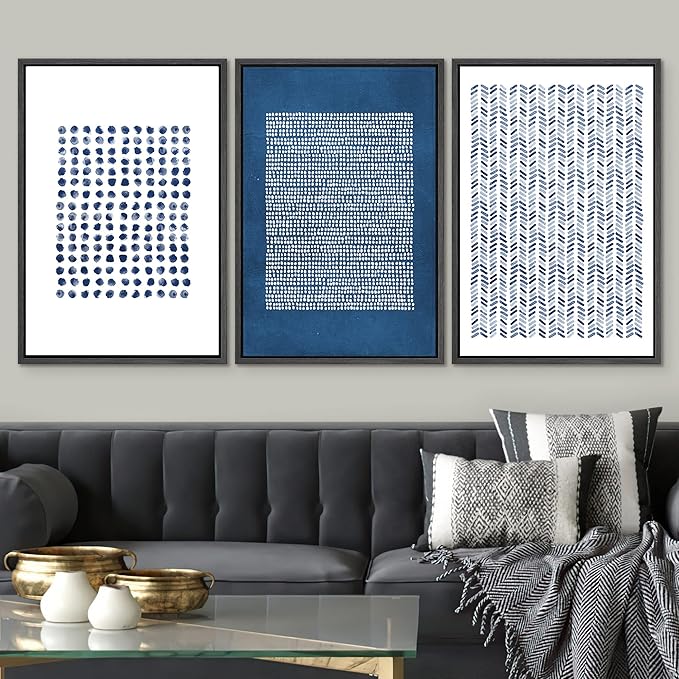 SIGNWIN Framed Canvas Print Wall Art Set Blue Geometric Pattern Landscape Abstract Shapes Illustrations Modern Art Decorative Boho Relax/Zen Nordic for Living Room, Bedroom, Office - 24"x36"x3 Black