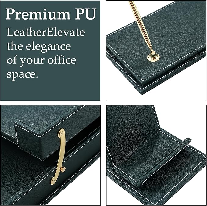 Leather Desk Set, 15-Piece Leather Desk Organizer, Executive Desk Organizer with Desk Pad & Blotter, 2-Tier Tray, Pen Holder, Office Accessories, Executive Desk Accessories(Green)