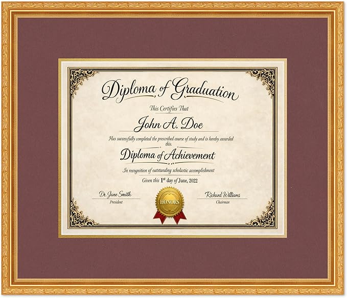 Diploma Frame Museum Gold with Dark Red Over Gold Double Mat - Fits 14 x 11 College Diploma (Modern) Wall Display Made in the USA