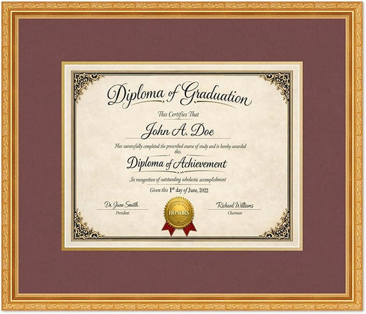 Diploma Frame Museum Gold with Dark Red Over Gold Double Mat - Fits 14 x 11 College Diploma (Modern) Wall Display Made in the USA