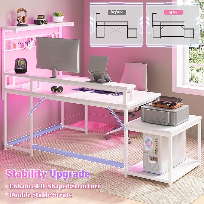 EEnHomee 56" Medium L Shaped Gaming Desk with LED & Power Outlets,Computer Desk with Monitor Stand & Print Stand for Home Office,Reversible Corner Gaming Table with Storage Shelf & Hooks,White