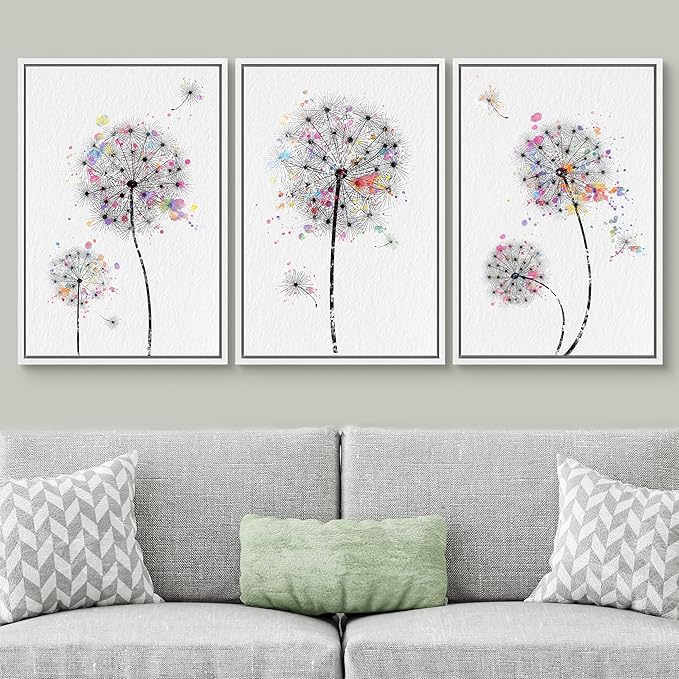 SIGNWIN Framed Canvas Print Wall Art Dandelions & Watercolor Dots Floral Wilderness Drawings Modern Art Rustic Closeup Multicolor Ultra for Living Room, Bedroom, Office - 24"x36"x3 White