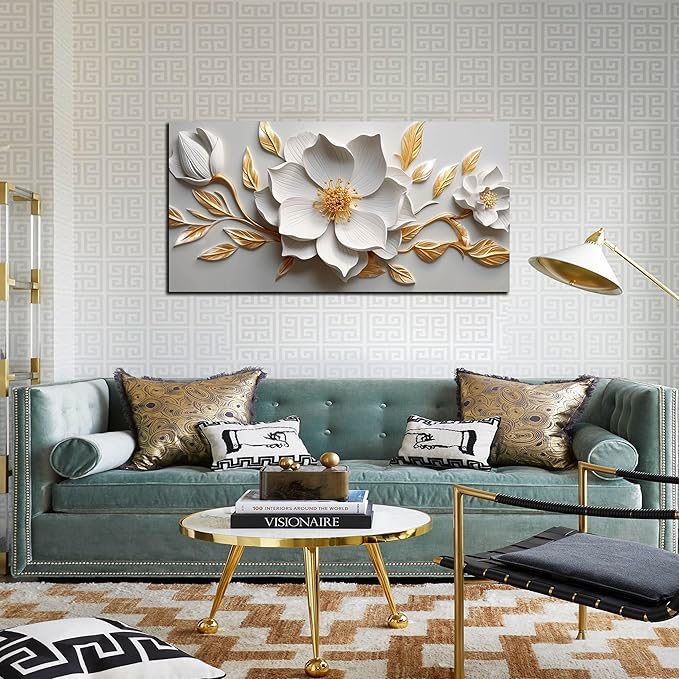 Canvas Wall Art for Living Room Bedroom Office White and Gold Flower Artwork Large Botanical Floral Wall Art Framed Wall Decor Modern Canvas Prints 20x40 In