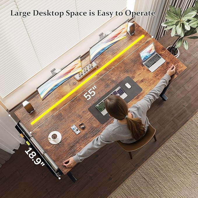Computer Desk 55 Inch Home Office Desks with Storage Bag,Gaming Writing Work from Home Study Desk with Adjustable LED Lights,Office Desk with Headphone Hook Sturdy Metal Frame, Rustic Brown