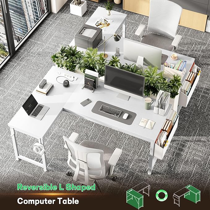 L Shaped Desk with 0.95 Inch Thicker Desktop & Storage Bag, Computer Desk with Power Outlets & Lights, Reversible Gaming Desk for Home Office, Corner Desk, Study Room, Living, Bedroom, White