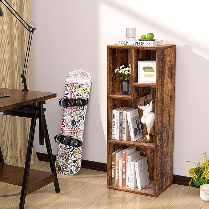 VECELO 3-Tier 4-Cube Bookshelf with Height Difference Shelves, 66 LBS Per Shelf Heavy Duty Bookcase, Modern Floor Standing Storage Unit for Living Room Bedroom, Rustic Brown