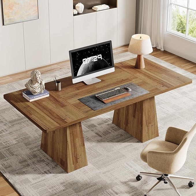 Tribesigns 63-Inch Executive Desk, Modern Office Computer Desk with Sturdy Double Pedestal, Large Study Writing Table Simple Workstation for Home Office, Light Brown