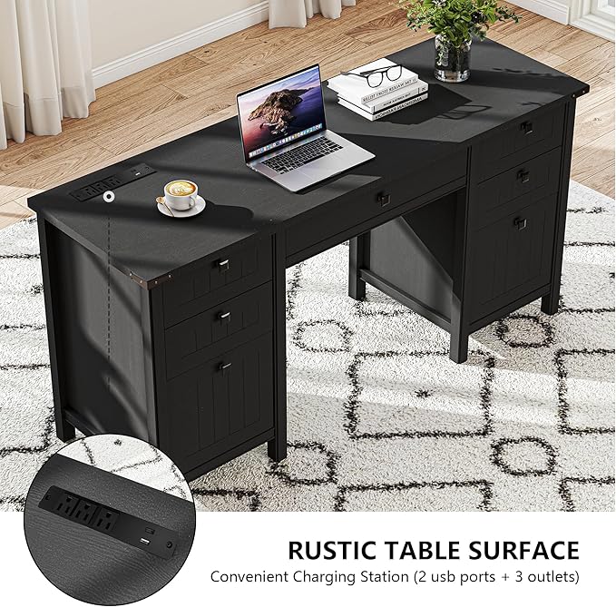 Farmhouse Executive Desk with Drawers - 62" W Farmhouse Computer Desk with Power Outlets & USB Charging, Heavy Duty Storage Desk for Home Office & Study.Black