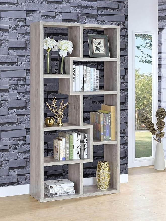 Coaster Home Furnishings - Theo - Engineered Wood with Paper Lamination - 6-Shelf Bookshelf with Geometric Design - Transitional - Home Office and Living Room - 71-Inch - Gray Driftwood - 801137