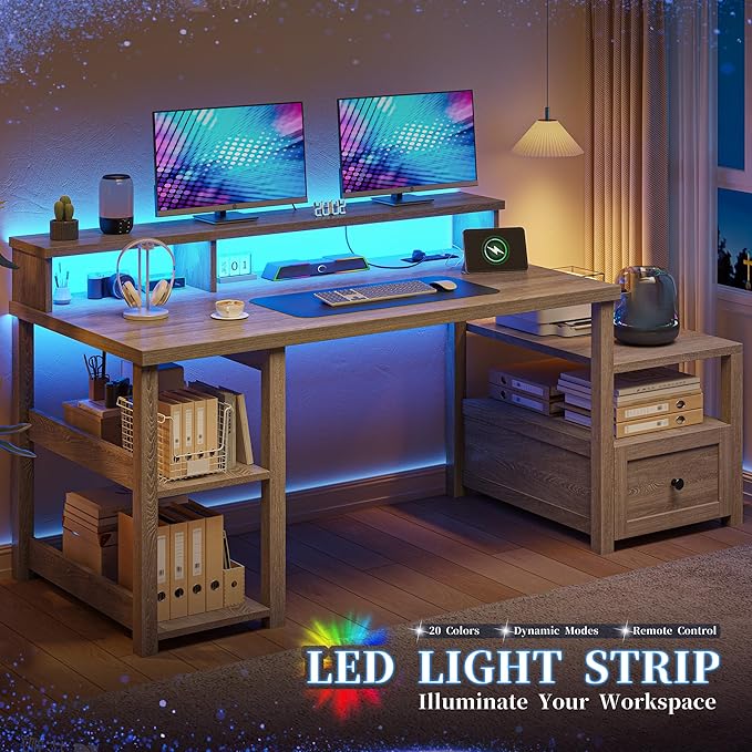 EnHomee 60.4" Farmhouse Computer Desk with Drawer & Power Outlet, Gaming Desk with LED Light, Office Desk with Monitor Stand, Study Desk, Work Desk for Home Office, Study Room, Bedroom, Ash Gray
