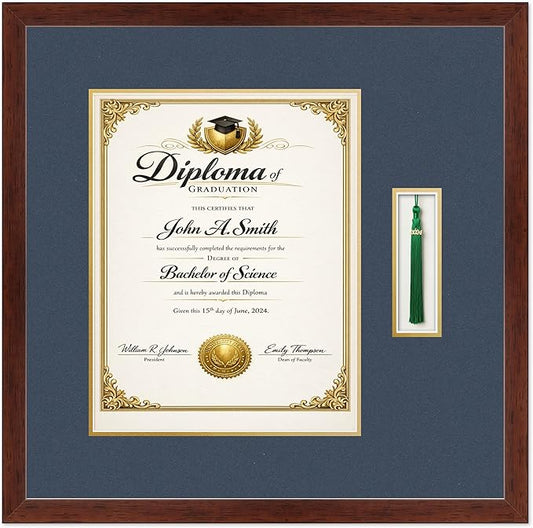 CountryArtHouse Diploma and Tassel Frame Fits 11 x 14 College Diploma (Portrait) with TASS Rustic Walnut Genuine Hardwood Shadowbox with Navy Blue Over Metallic Gold Double mat