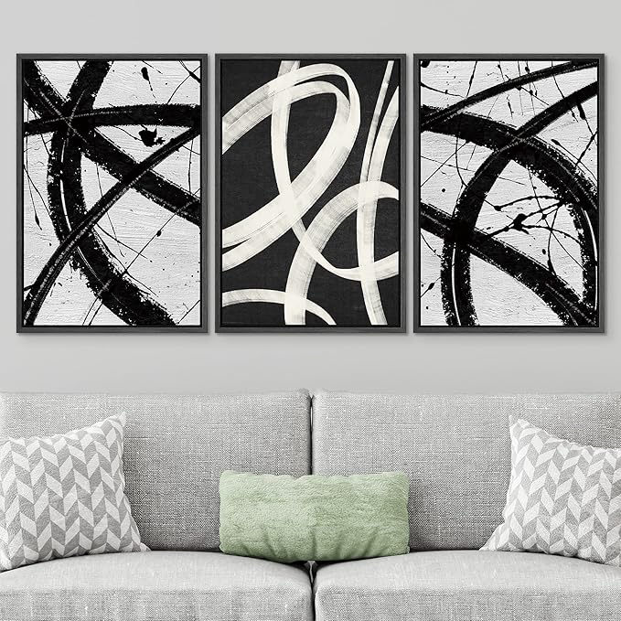 SIGNWIN Framed Canvas Print Wall Art Set Geometric Duotone Ring Landscape Graffiti & Street Art Abstract Illustrations Modern Art Decorative Nordic for Living Room, Bedroom, Office - 24"x36"x3 Black