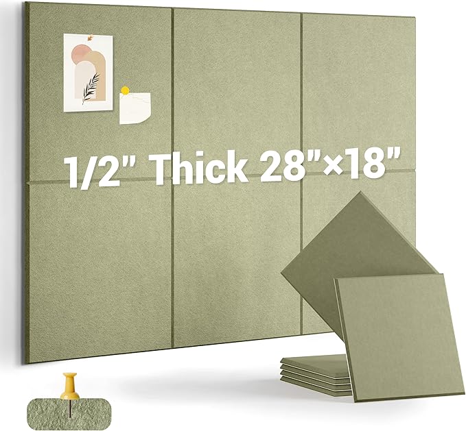 1/2" Thick Cork Board for Office, 6 Pack Felt Wall Tiles -28"x18" with Safe Adhesive Tabs, Large Bulletin Board, Push Pin Board Organizer Wall - Sage Green