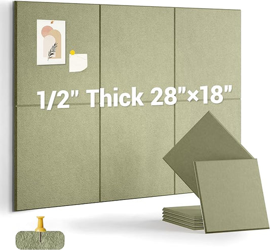 1/2" Thick Cork Board for Office, 6 Pack Felt Wall Tiles -28"x18" with Safe Adhesive Tabs, Large Bulletin Board, Push Pin Board Organizer Wall - Sage Green