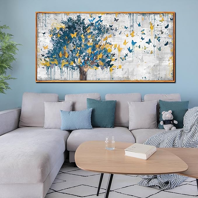 Large Framed Canvas Wall Art Blue Tree Golden Butterflies Picture Abstract Grey Graffiti Canvas Prints Ready to Hang for Living Room Bedroom Size 30x60