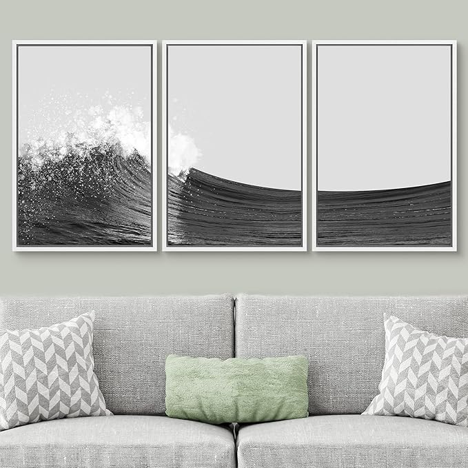 SIGNWIN 3 Piece Framed Canvas Wall Art Black and White Ocean Waves Nature Wilderness Illustrations Abstract Traditional Relax/Calm Home Artwork Decoration for Living Room,Bedroom - 24"x36"x3 White