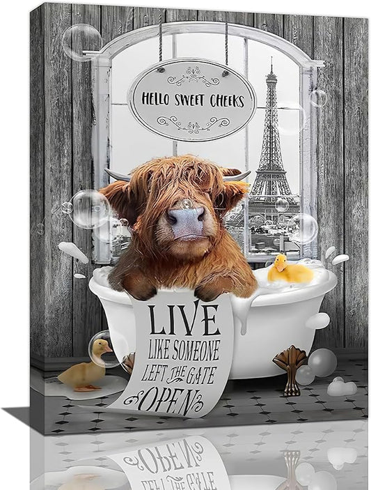 yerretin Funny Highland Cow Bathroom Wall Art Cow in Bathtub Pictures Wall Decor Hello Sweet Canvas Painting Modern Artwork Bathroom Decorations Framed Ready to Hang 12"x16"