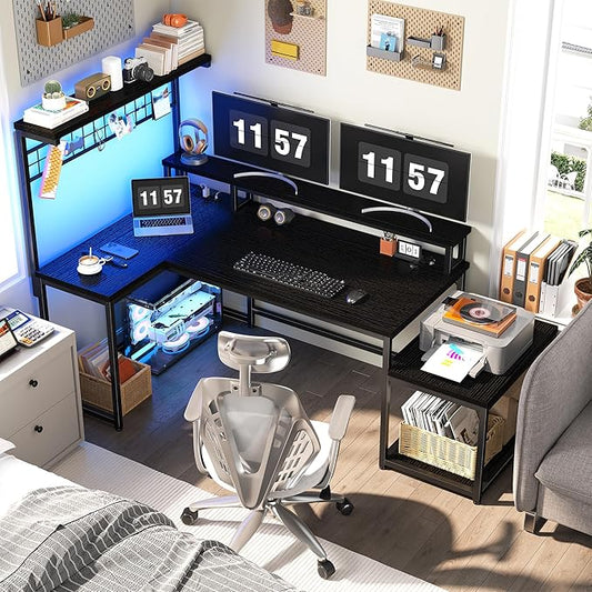 EnHomee 56" Medium L Shaped Gaming Desk with LED & Power Outlets,Computer Desk with Monitor Stand & Print Stand for Home Office,Reversible Corner Gaming Table with Storage Shelf & Hooks,Black