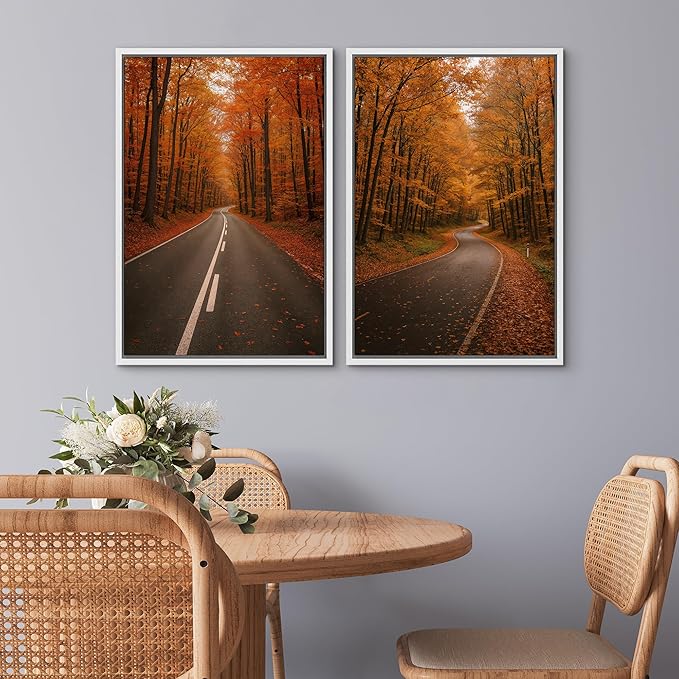 SIGNWIN Framed Canvas Print Wall Art Set Autumn Forest Road Nature Landscape Illustrations Modern Art Minimal Boho Relax/Calm for Living Room, Bedroom, Office - 24"x36"x2 White