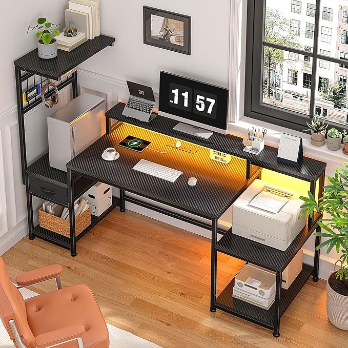 55" Gaming Desk with LED Lights & Outlets,Computer Desk with Drawers & Monitor Stand,Gaming Table with Storage Shelves & Printer Space for Game Room,Study Room,Home Office,Bedroom,Black