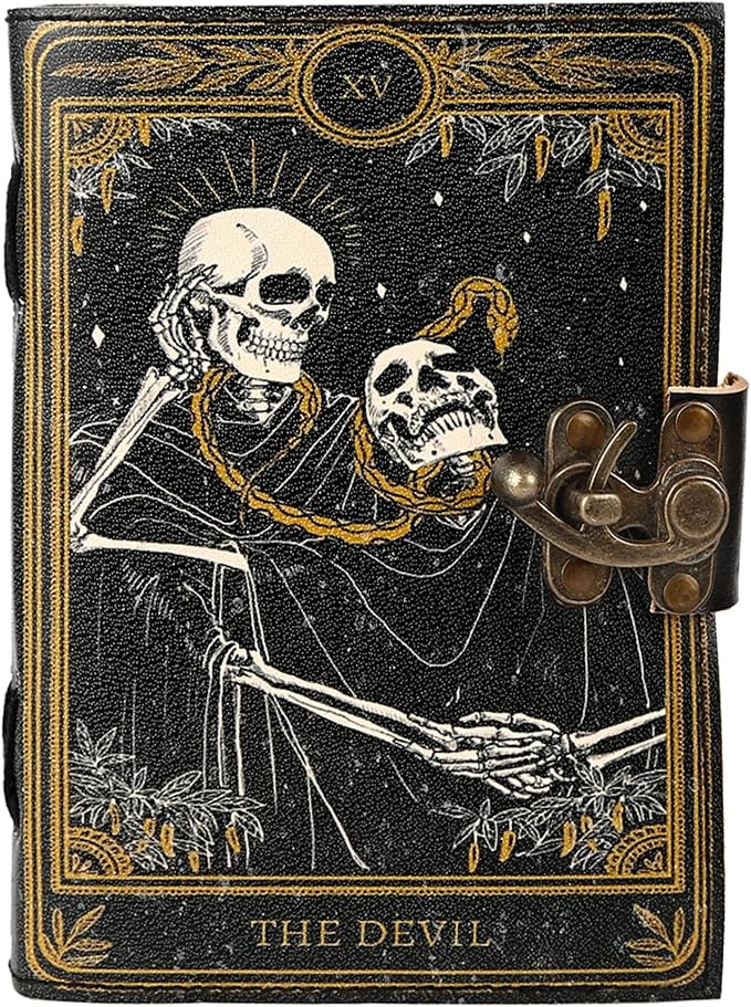 TUZECH Book of Spells Leather Bound Journal Deckle Edge Paper Grimoire Printed Diary Third Eye witchcraft supply and Witch Spell Notebook Antique Vintage Book for Men and Women (The Devil)