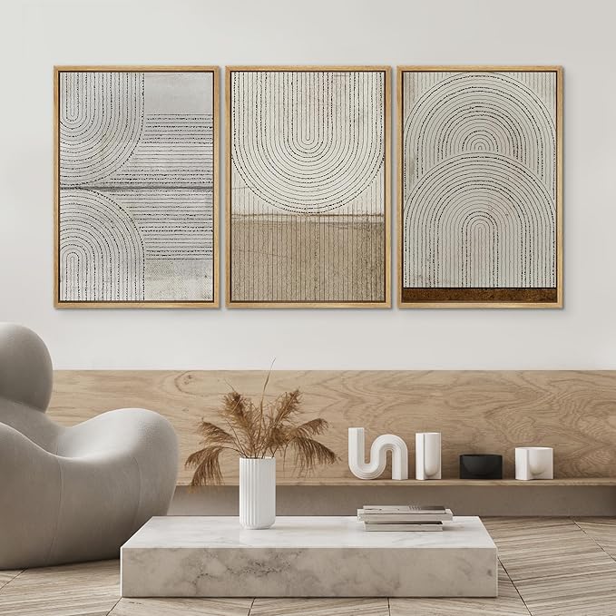 SIGNWIN Framed Canvas Print Wall Art Set Grunge Circle Polygon Collage Abstract Geometric Cozy Neutral Modern Art Decorative Boho for Living Room, Bedroom, Office - 16"x24"x3 Natural