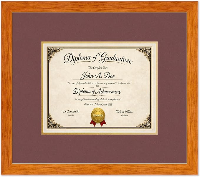 Diploma Frame Honey Oak with Dark Red Over Gold Double Mat - Fits 10 x 8 Professional License Wall Display Made in the USA