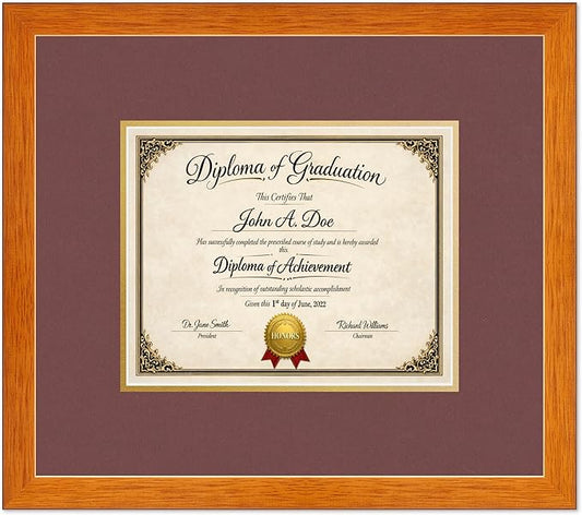 Diploma Frame Honey Oak with Dark Red Over Gold Double Mat - Fits 10 x 8 Professional License Wall Display Made in the USA