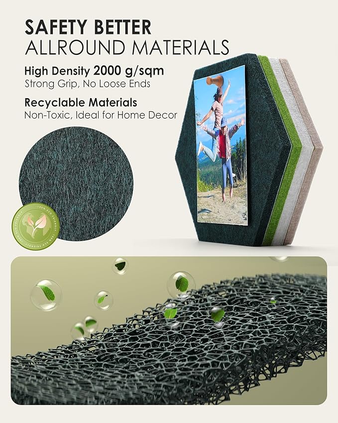 MaxGear 8Pcs Hexagon Felt Cork Board Tiles, Green Self-Adhesive DIY Bulletin Board Pin Board for Office School Home Wall Decor Stickers Photos Display Memos