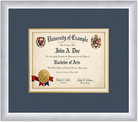 CountryArtHouse Diploma Frame Fits 10 x 8 Professional License - Keepsake Graduation Display Stainless Silver Genuine Hardwood with Navy Blue Over Metallic Gold Double mat