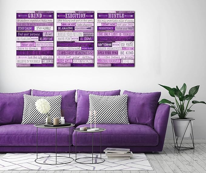 Purple Room Decor for Women - Motivational Inspirational Quotes Wall Art for Office - Large Canvas Wall Art Ready to Hang Size 16" x 24" x 3 Pieces