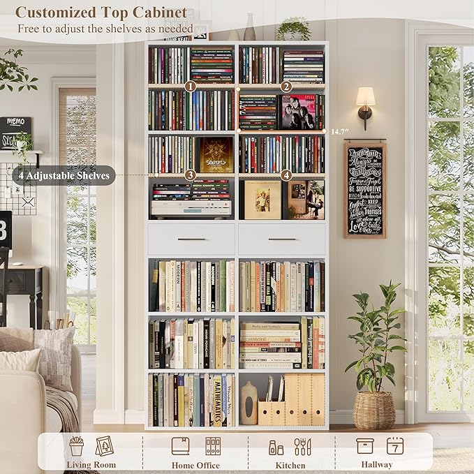 HOSTACK 73" Tall Bookshelf with Drawers, 7-Tier White Bookshelf with Storage, Double Wide Bookcase with 14 Open Book Shelves, Wood Book Case with Adjustable Shelves for Media CD DVD Storage, White