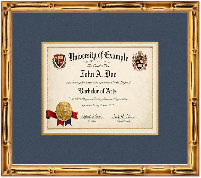 CountryArtHouse Diploma Frame Fits 10 x 8 Professional License - Keepsake Graduation Display Gold Bamboo Genuine Hardwood with Navy Blue Over Metallic Gold Double mat