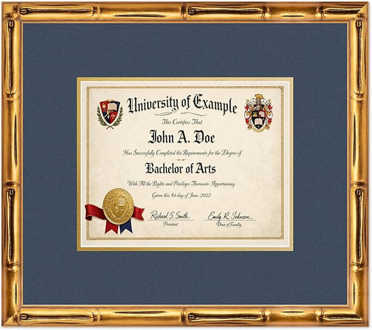 CountryArtHouse Diploma Frame Fits 10 x 8 Professional License - Keepsake Graduation Display Gold Bamboo Genuine Hardwood with Navy Blue Over Metallic Gold Double mat