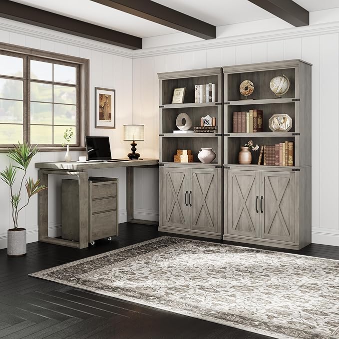 GarveeHome 5 Tier Book case with Cabinet, Farmhouse Book Shelf with Storage Doors, 68.7 in Tall Wooden 5 Shelf Case for Home Office, Living Room, Bed Room-(Grey, 68.7 in H x 31.5 in W x 12.9 in D)