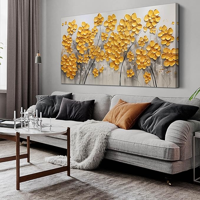 SKYRISE Abstract Gold Yellow Floral/Flower Wall Art Decor for Living Room, Modern Canvas Art Decorative-Picture Print Artwork for Bedroom Office, Large Size 59x29 Inches